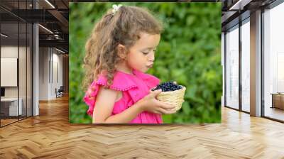 little cute happy girl holding basket of wild blueberries. child eating fresh forest berries in summer. superfood vitamin A for eyes, vision. healthy food for kid, harvesting Wall mural