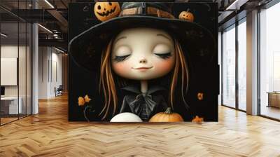 Cute Halloween Witch Figurines with Pumpkins and Skulls in Autumn Theme Wall mural