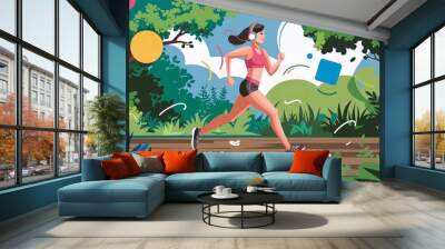 Vibrant illustration of a woman running outdoors with headphones, surrounded by lush greenery and abstract colorful elements. The scene conveys energy and a healthy lifestyle. Wall mural