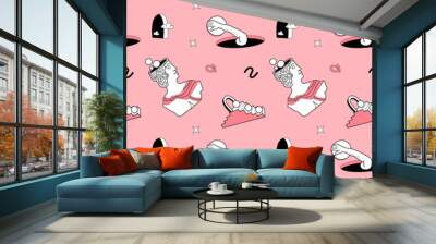 Contemporary surrealism y2k pattern with antique sculptures and psychedelic elements. Pink trendy pallete. Endless retro background for social media post, clothes print, posters. Wall mural