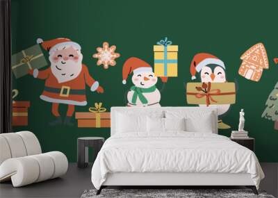 Merry xmas horizontal banner design with cartoon flat santa, snowman and animals. Cute childrens characters with gifts and candy canes. Hand drawn Christmas Festive elements background. Happy Holidays Wall mural