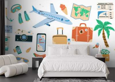 Summer vacation plane and other journey or trip elements for flight and travel to sea. Beach summer stickers palm, sunbed, umbrella, camera. Luggage, phone and paper map, airplane, suitcase and wallet Wall mural