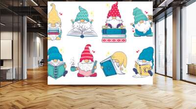 Clipart collection with Cute cartoon gnomes with books. Wall mural