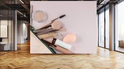 Decorative cosmetics: highlighter, concealer, powder ,brush, face sculpture . Make up,flat layot Wall mural