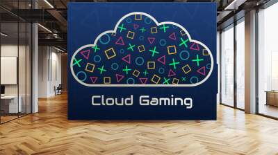 Cloud gaming concept, modern technologies. Vector illustration of a cloud on the background of an abstract gamepad made of various game elements. Design template for web banners, sites. Wall mural