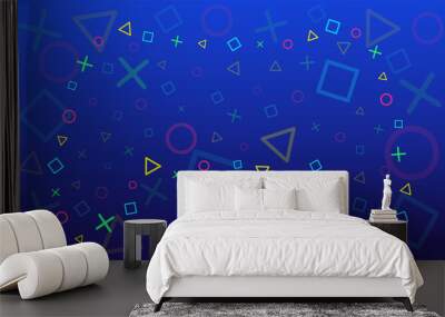 Vector abstract background. Gradient of shades of blue. On the artboard there are circles, squares, trogolniki, crosses. Laid out as a gamepad, the colors of the elements are blue, yellow, green, red. Wall mural