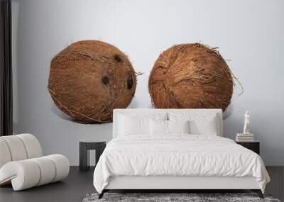 Two bright coconuts on white background Wall mural