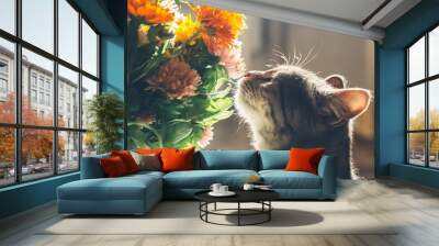 Cat sniffs a bright orange bouquet of flowers Wall mural