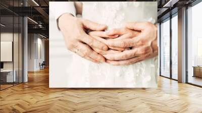 Hands of the bride and groom close-up, care and tenderness Wall mural