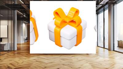 3d flying gift boxes white colors with a yellow ribbon bow on a blue background. Christmas, birthday, ads, promotion. 3d rendering illustration Wall mural