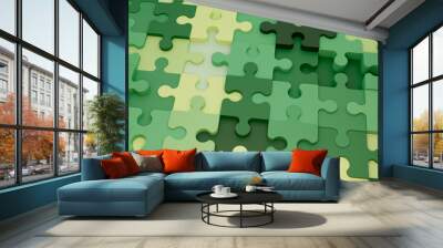 3D jigsaw puzzle wall with pastel colors and offset elements. Background with green shades. 3d rendering illustration.  Wall mural