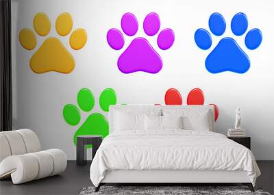 3d set pet paw yellow,purple,blue,green and red colors. Stock vector illustration on isolated background. Wall mural