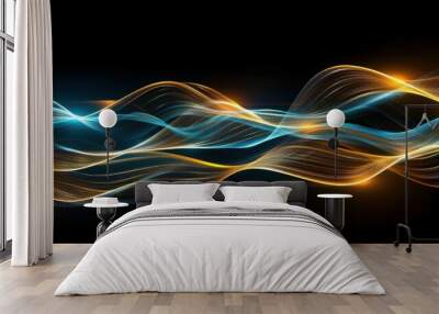 Abstract background with gold and blue glowing neon moving wave lines Wall mural