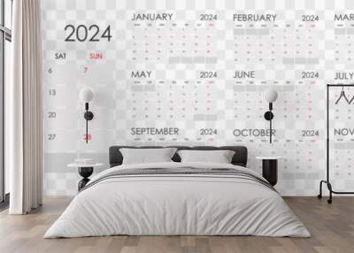 Calendar 2024. Calendar 2024 week starts Sunday. Set of ready to print monthly pages. Corporate minimal clean design 2024 calendar Wall mural