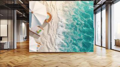 concept of relaxation on the ocean shore, white sand and palm leaves. Wall mural