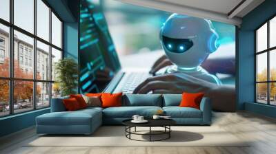 man uses laptop to search smart open artificial intelligence technology or artificial intelligence with artificial intelligence chatbot. Wall mural