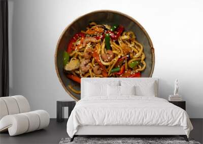 Noodles with seafood in a bowl. Isolated on white. View from above. transparent. Wall mural