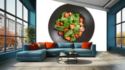 Salad with red fish and tomatoes in a plate. View from above. Transparent. Wall mural