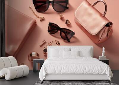 Beautiful layout of women's accessories on a pink background  Wall mural