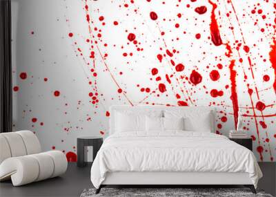 Bloody splashes and drops on a white background. Dripping and following red blood (paint) Wall mural