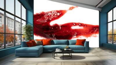 Dripping blood isolated on white background. Flowing bloody stains, splashes and drops. Trail and drips red blood close up. Wall mural