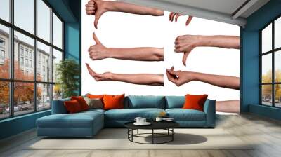 Multiple images set female black hands isolated white background showing different gestures. Collage of hands of a african woman  with manicure Wall mural