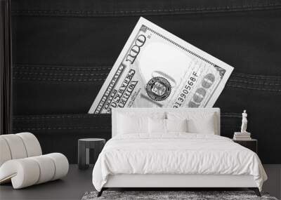 One hundred dollar banknote money in pocket trouser pants background texture. dollar bill close up Wall mural