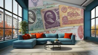 Background from old money of Imperial Russia. 19 - 20 century . Lenin Banknote . Old rubles Wall mural