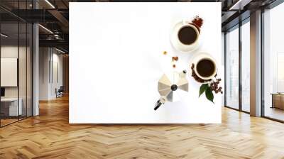 Two cups of espresso . Coffee beans, ground coffee on white background Wall mural