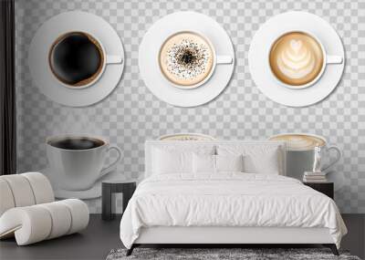 3d realistic vector isolated white ceramic coffee cups with saucer, top and side view, cappuccino, americano, espresso, mocha, latte, cocoa. Set of coffee cups or mug on a transparent background Wall mural