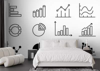 A set of charts and graphs related vector icons for your design. Graphics and statistics icons set. Collection of simple linear web icons, line charts, candlesticks, combined, bar charts, pie charts Wall mural