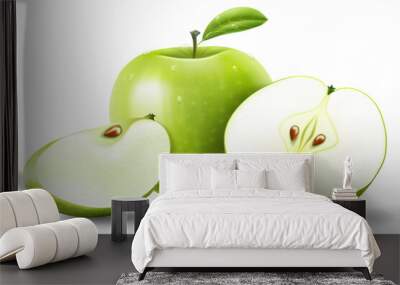 Apple. Green Apples with Green Leaves and Apple Slice - Vector Illustration. Realistic vector Wall mural