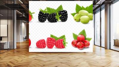 Berries mix - strawberry, raspberry, blackberry, gooseberry, cherry, currant and blueberry with green leaves, isolated on white background. Realistic 3d vector illustration. Wall mural