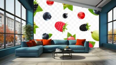 Flying raspberry, blackberry, gooseberry, currant, cranberry, and blueberry on a transparent background. Berries fall at different angles. Focused and blurry objects. 3d realistic vector. Wall mural