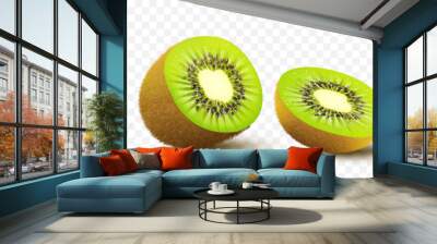 Kiwi fruit. Whole, half and pieces. Sweet fruit. 3d vector icons set. Realistic illustration, isolated on white background. Wall mural