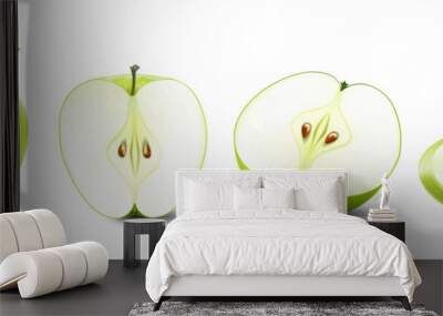 Set of isolated colored green apple half, slice and whole juicy fruit on white background. Realistic 3d vector fruit collection. Wall mural