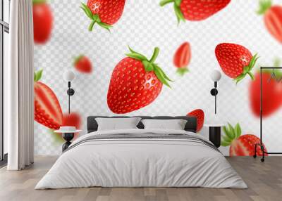 Strawberry background. Flying red strawberry on transparent background. Strawberry falling from different angles.Focused and blurry objects. 3D realistic. Wall mural