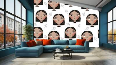 Seamless pattern with girls with black hair. Beautiful girl faces on white background. Illustration for kids design, textile, fabric, paper, books, nursing Wall mural