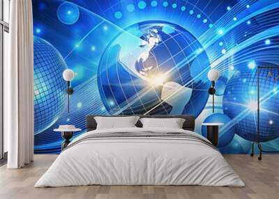 blue futuristic abstract background with stars and planets Wall mural