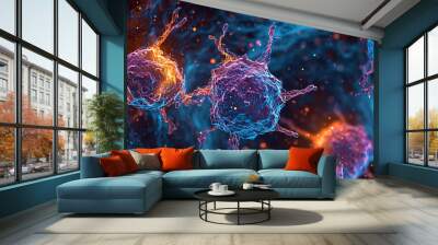 Cancer cell. Oncology research structure mutation, somatic cell of body. genetic predisposition. Neoplasms, cancerous disease, malignant tumour, Danger fear the unknown, biology medicine dna immune. Wall mural