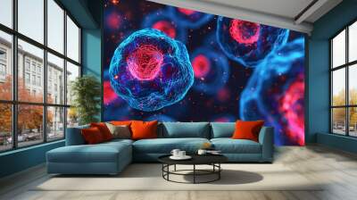 Cancer cell. Oncology research structure mutation, somatic cell of body. genetic predisposition. Neoplasms, cancerous disease, malignant tumour, Danger fear the unknown, biology medicine dna immune. Wall mural