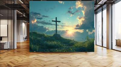 Crucifixion remembrance: holy cross day, central emblem of christianity, reflecting on its spiritual meaning, and engaging in rituals, sacrifice and redemption of Jesus Christ. Wall mural