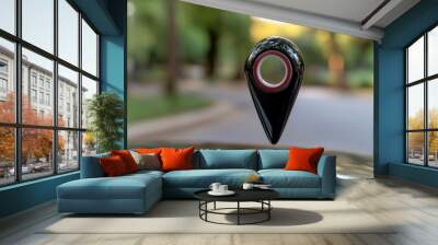 Directional guide - gps navigation pointer symbol on display precise location tracking, wayfinding, modern mapping technology, set against a sleek banner design for seamless orientation. Wall mural