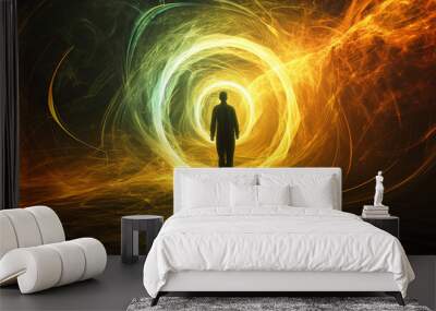 Electromagnetic field around man woman person, combination of invisible electric and magnetic fields of force, colorful Earth, wave, science future physics, sphere circular. Wall mural