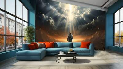 human soul flies to the kingdom of heaven, Glowing light flying angel, God, spiritual religion biblical Christianity Welcomes paradise, pray sky freedom holy sun aura. Wall mural