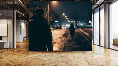 Man following woman in dark street, night, stalking, crime, mugger, scary worry violence, city danger silhouette life footsteps two people girl man, afraid. Wall mural