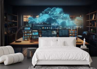 Online, cloud storage, contact, computing, tablet, phone home devices with online. linking computer to cloud with server, connection. Devices connected to storage in the data center. Wall mural