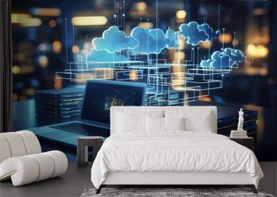 Online, cloud storage, contact, computing, tablet, phone home devices with online. linking computer to cloud with server, connection. Devices connected to storage in the data center. Wall mural