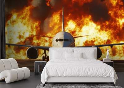 Plane ignition: a catastrophic event on the runway as flames engulf the aircraft, urgency of emergency response and the dangers faced in aviation mishaps with smoke and fire erupting. Wall mural