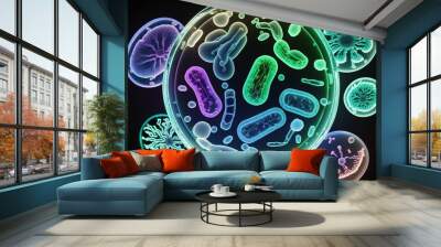 Probiotics Bacteria . Biology, Science Microscopic medicine. Digestion stomach escherichia coli, treatment, Health care medication, anatomy organism. Generative AI Wall mural